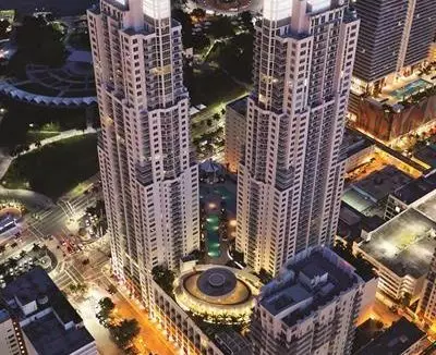Aerial of The Miami skyline Featuring The Everglades Condominium.